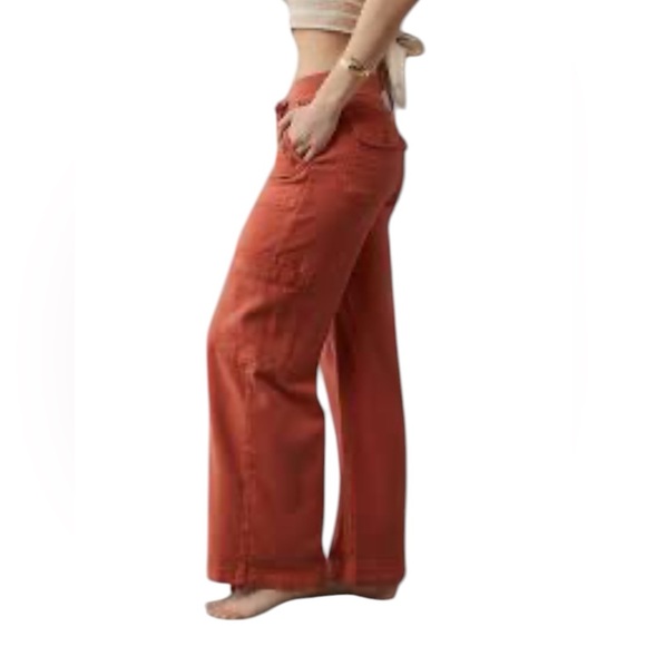 American Eagle Dreamy Drape Linen Blend Baggy Wide Leg Cargo Pants Orange 16 - Picture 1 of 16